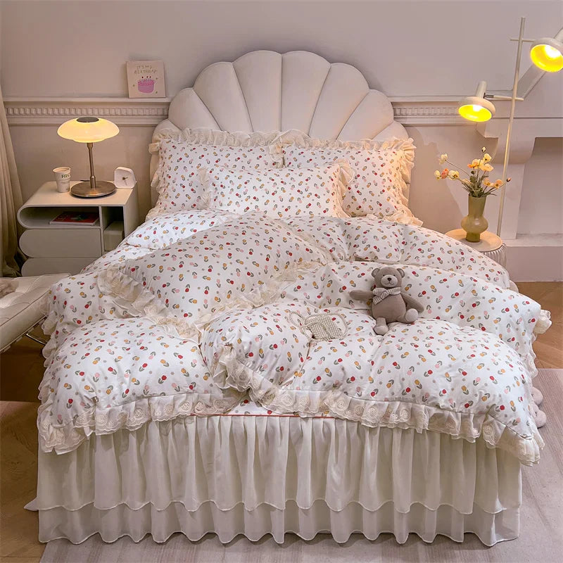 Afralia™ Princess Lace Ruffles Floral Bedding Set with Duvet Cover and Bed Skirt