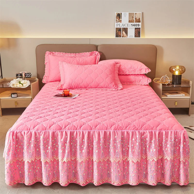 Afralia™ Cotton Lace Ruffles Quilted Bed Skirt Set with Pillowcases