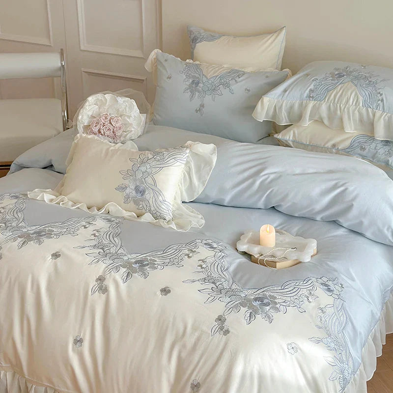 Afralia™ French Romantic Lace Ruffles Flowers Embroidery Bedding Set in Pink & Blue Cotton