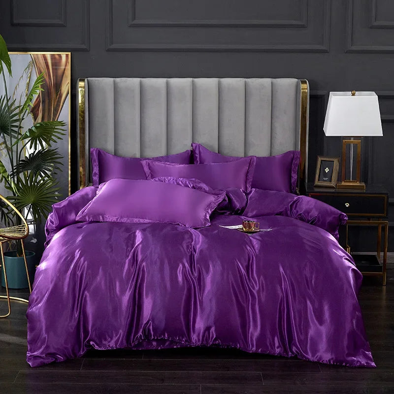Afralia™ Nordic Faux Silk Solid Color Bedding Sets for Queen/King Bed Home Décor