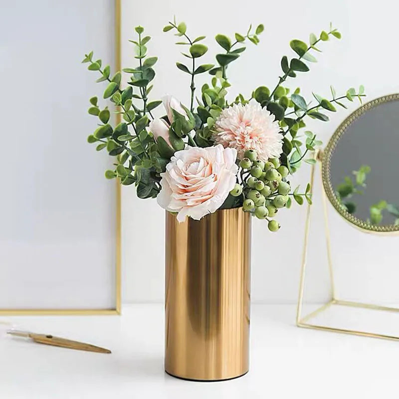 Afralia™ Gold Plated Cylinder Vase Desk Decor - Minimalist Modern Home Decor & Flower Arrangement