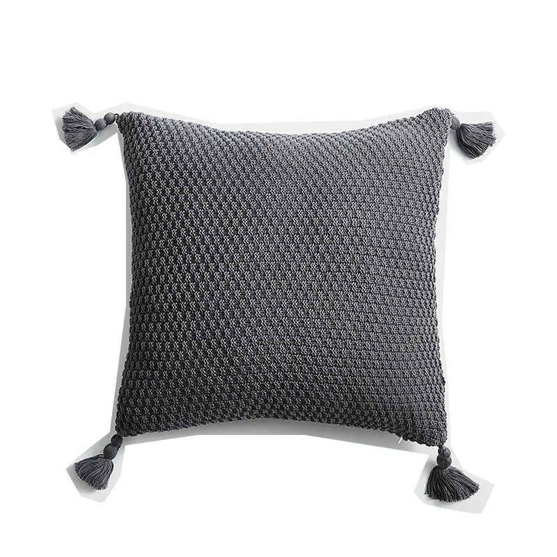 Afralia™ Knitted Grey Ivory Geometric Pillow Cover with Tassels, 45cm x 45cm