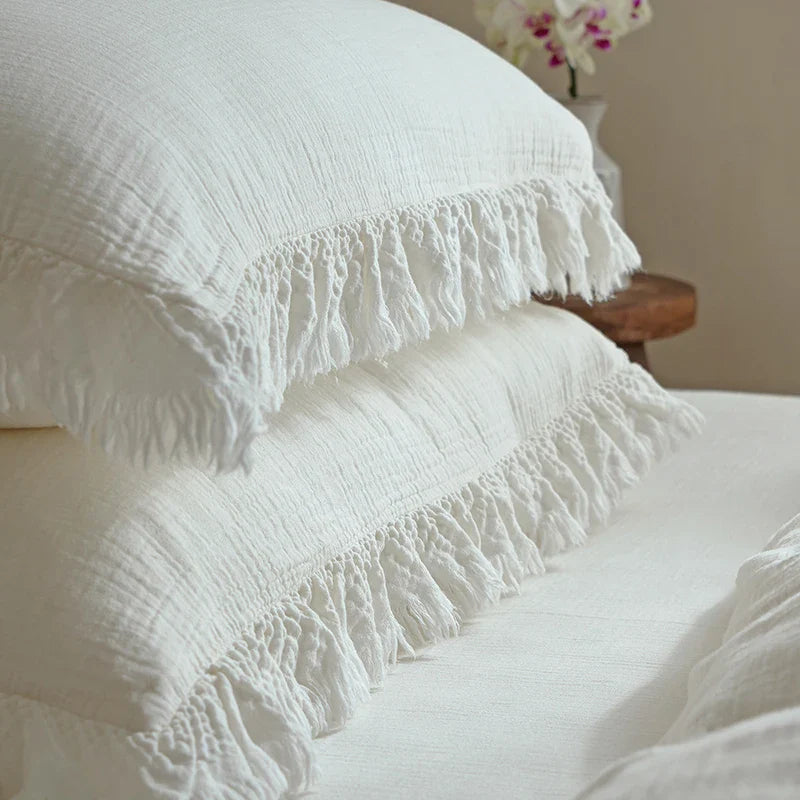 Afralia™ Soft Cotton Tassel Ruffles Bedding Set with Duvet Cover, Sheet & Pillowcases