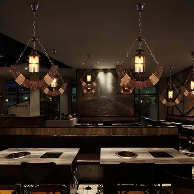 Afralia™ Retro Country Wooden Chandelier for Bar Cafe Restaurant, Industrial Style LED Lamps