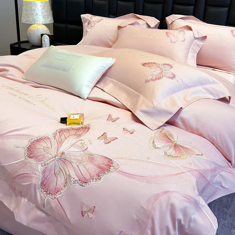 Afralia™ Butterfly Embroidery 100% Egyptian Cotton Bedding Set with Luxury Duvet Cover