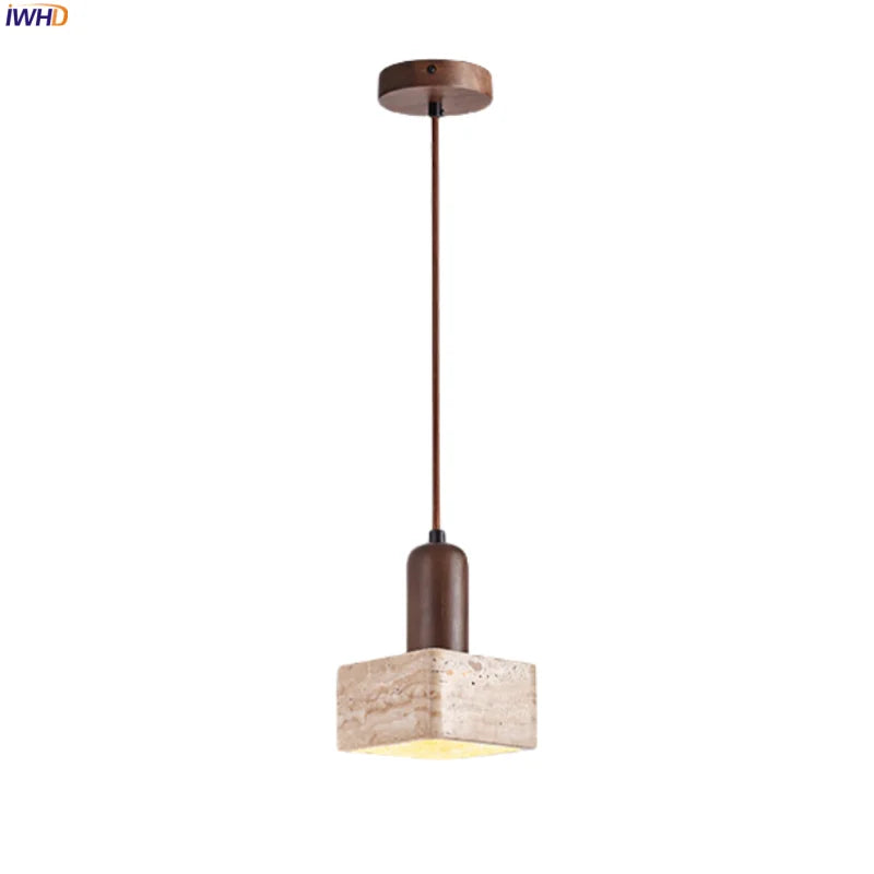Afralia™ Wood Yellow Travertine LED Pendant Lamp for Wabi Sabi Vintage Decor