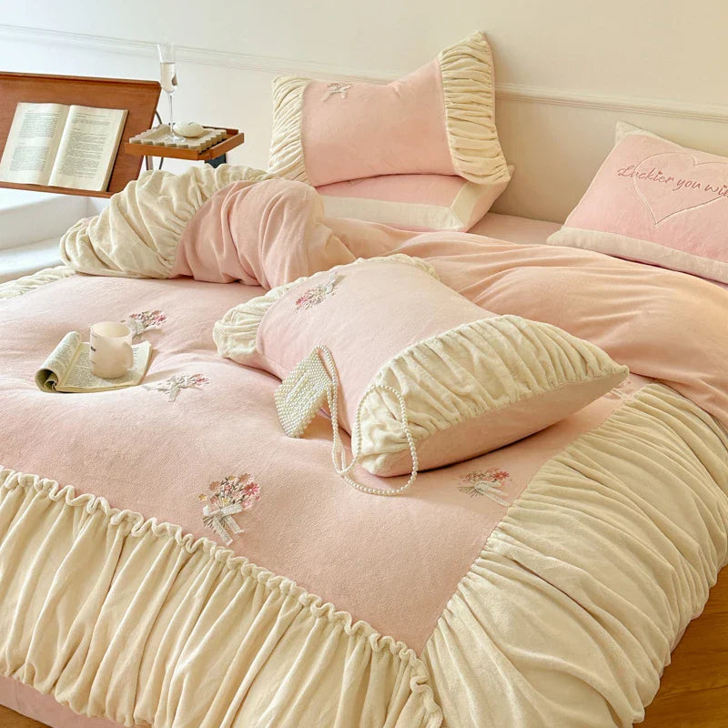 Afralia™ Fleece Embroidered Floral Velvet Bedding Set with Plush Patchwork in Pink