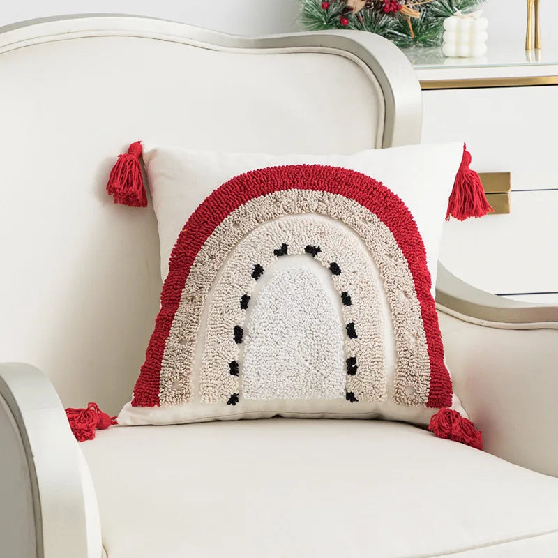 Afralia™ Red Geometric Merry Christmas Embroidered Cushion Cover, Tufted Holiday Party Decor