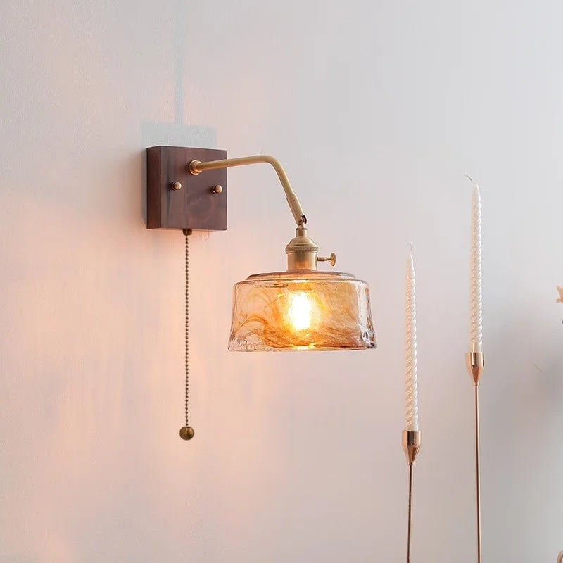 Afralia™ Amber Glass LED Wall Sconce Pull Chain Switch.
