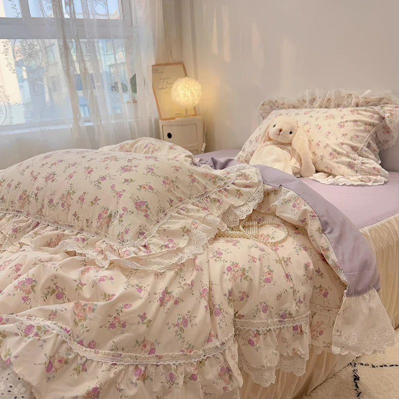 Afralia™ Korean Princess Style Floral Lace Ruffles Bedding Set with Pillowcase