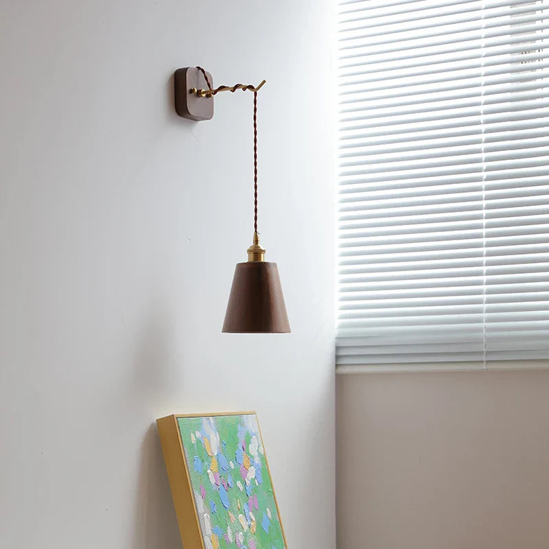 Afralia™ Walnut Wooden Copper LED Wall Light with Pull Chain for Bedroom Living Room