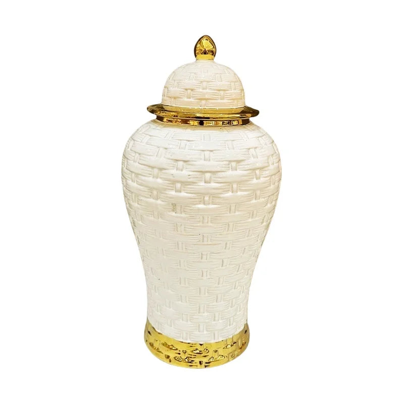Afralia™ Golden Flower Vase Ceramic Checkmate Jar Weave Pattern Home Decoration Accessories