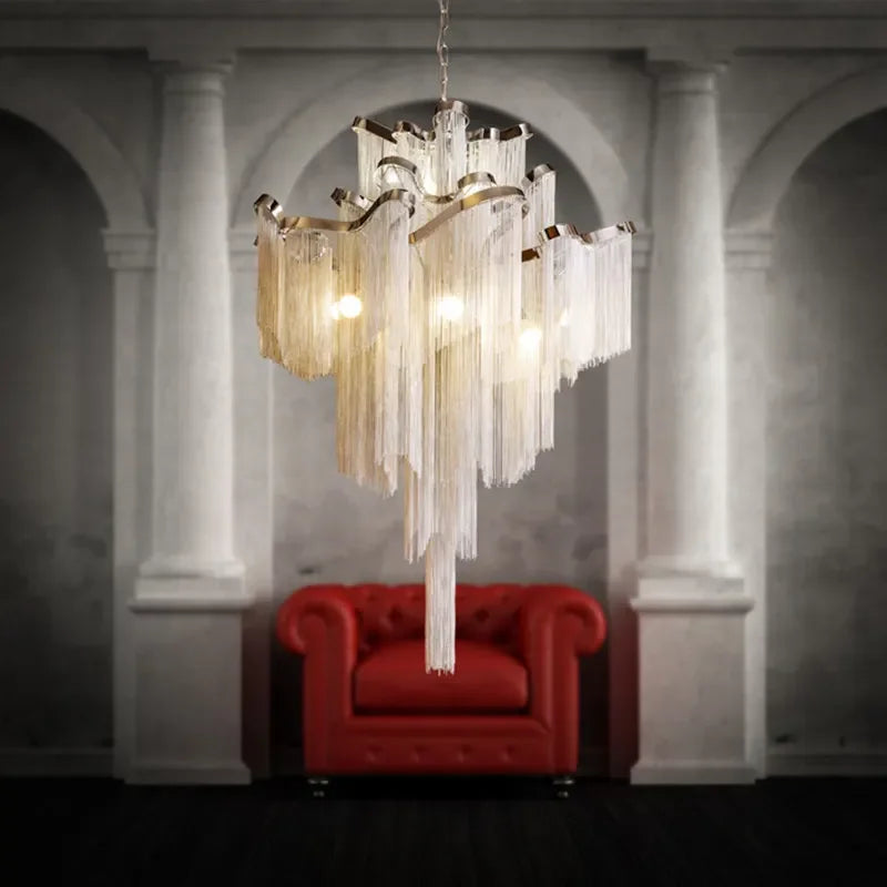 Afralia™ Fringed Chandelier: Silver & Gold Aluminium Chain Pendant Light for Luxe Home & Hotel Decor