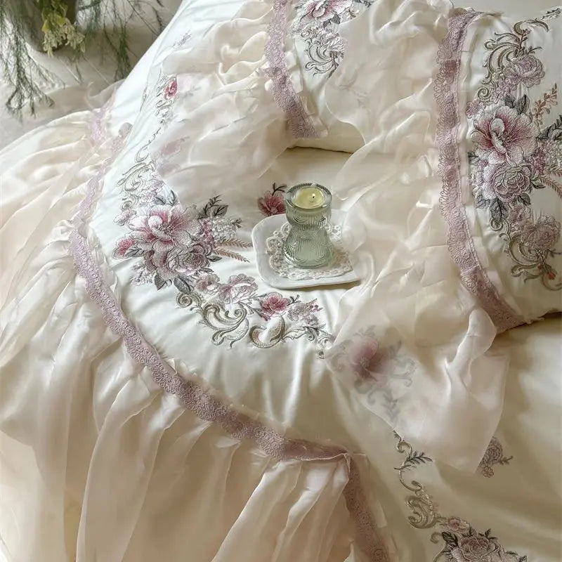 Afralia™ Elegant Flowers Embroidery Lace Princess Wedding Bedding Set - 1200TC Cotton Duvet Cover