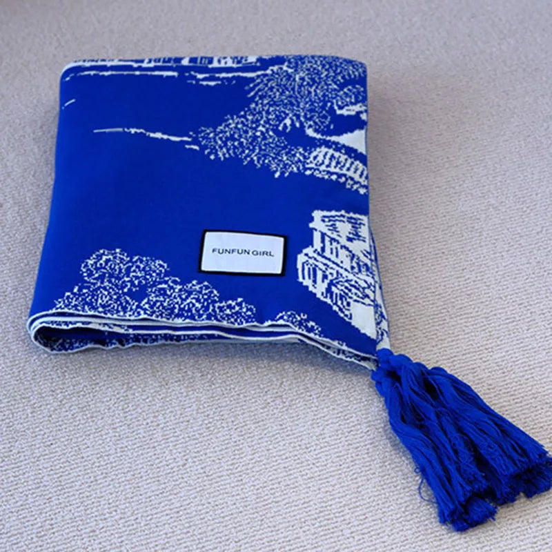 Afralia™ Blue Knitted Sofa Blanket for All Seasons at Home