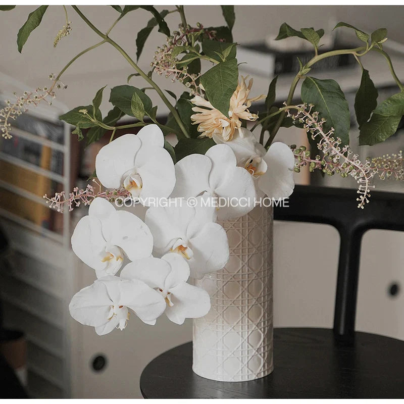 Afralia™ Rattan Pattern White Ceramic Vases - Modern Elegant Decorative Flower Vases