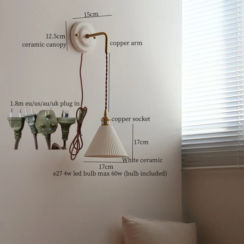 Afralia™ Small Pleats Ceramic LED Wall Light for Bedroom Stair Bathroom with Copper Arm