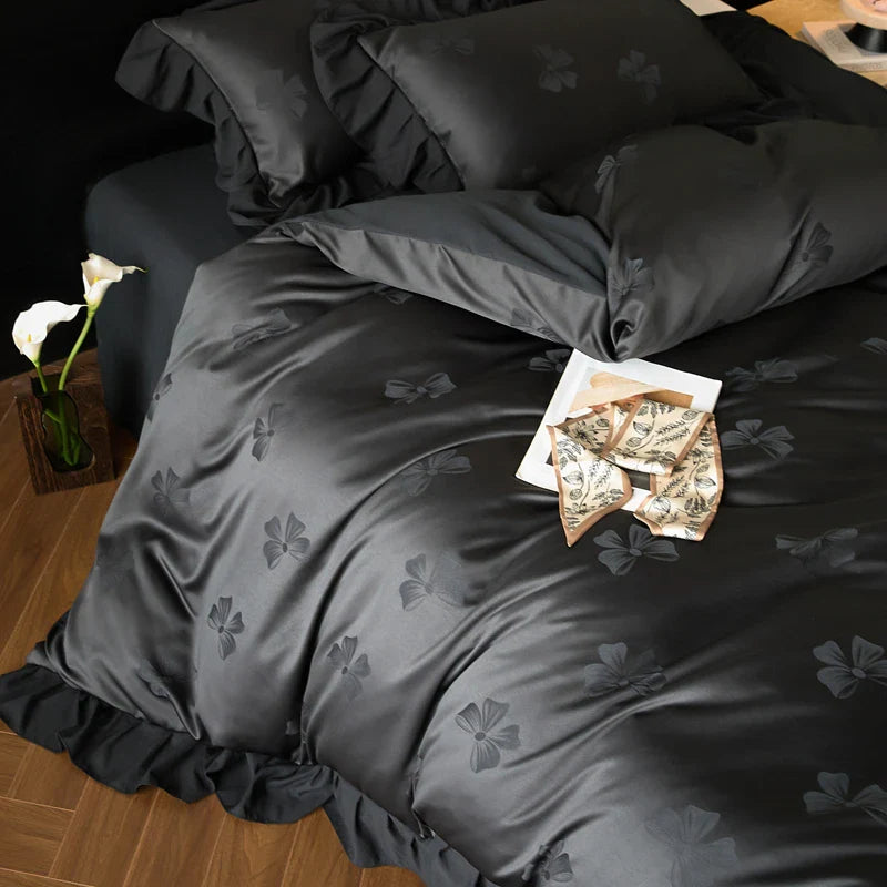 Afralia™ Princess Ruffles Bow Jacquard Cotton Bedding Set with Duvet Cover, Sheet, Pillowcases
