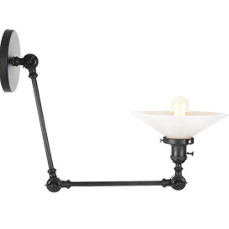 Afralia™ Black Vintage Wall Lamp White Glass Industrial Swing Arm Adjustable Bedside