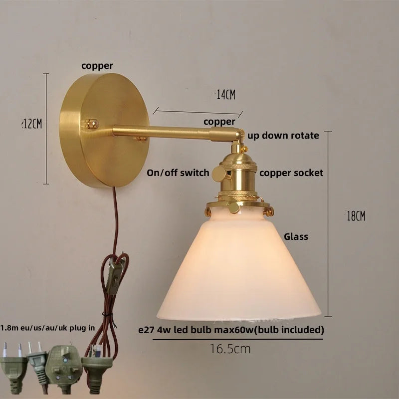 Afralia™ Nordic LED Wall Light Fixture Glass Up Down Rotate Copper Bedside Lamp