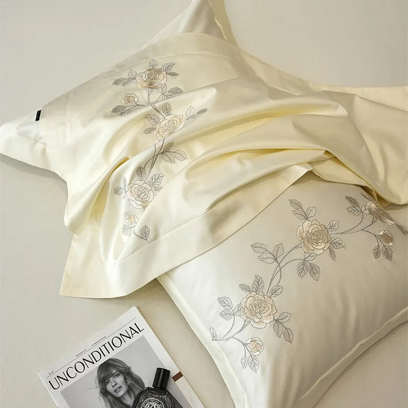 Afralia™ Rose Flowers Embroidery Luxury Egyptian Cotton Bedding Set