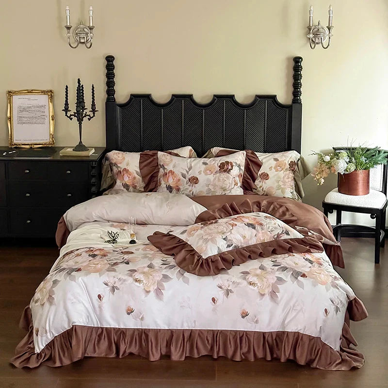 Afralia™ French Vintage Ruffles Bedding Set in Egyptian Cotton with Flowers Prints