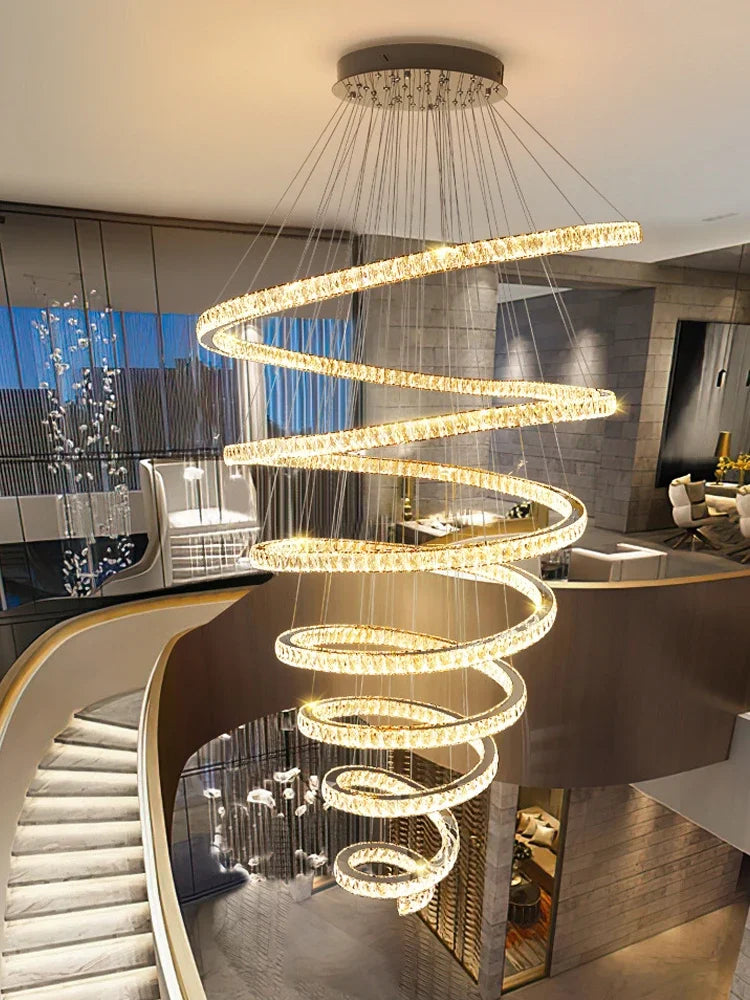 Afralia™ LED Crystal Staircase Chandeliers: Large Spiral Stairway Pendant Lighting for Home Living Room