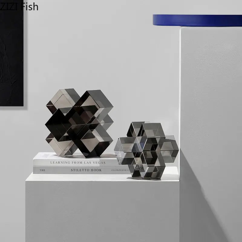 Afralia™ Cross Crystal Geometric Glass Sculpture Desk Decoration Frosted Square Statue