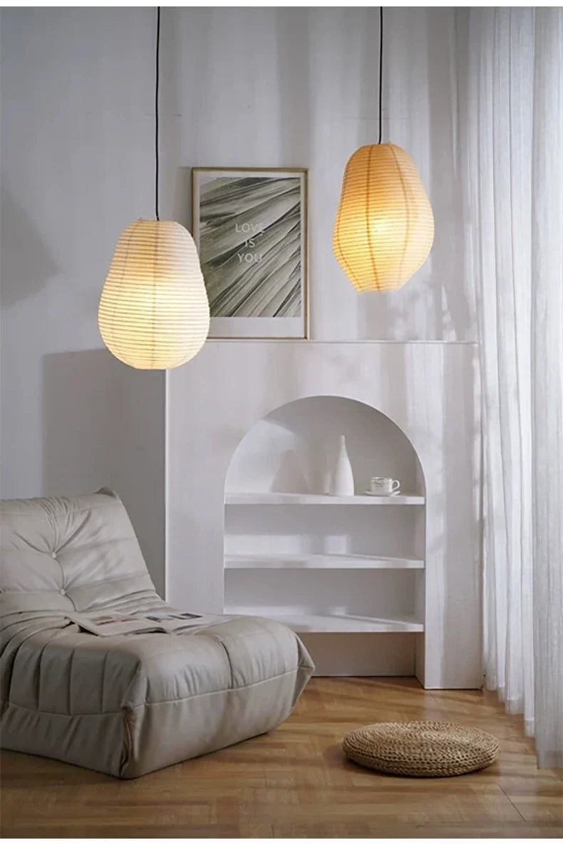 Afralia™ Japanese Rice Paper LED Pendant Lamp for Living Room Dining Cafe