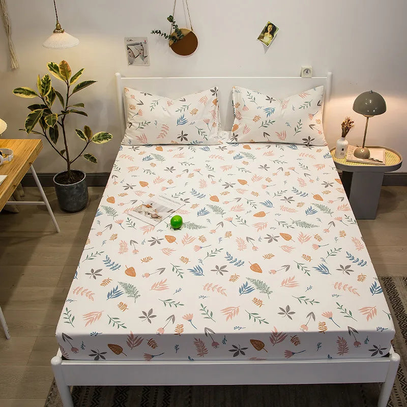 Afralia™ Fashion Flowers Print Cotton Fitted Sheet Single Piece Queen Size, Soft Pink Bed Linen
