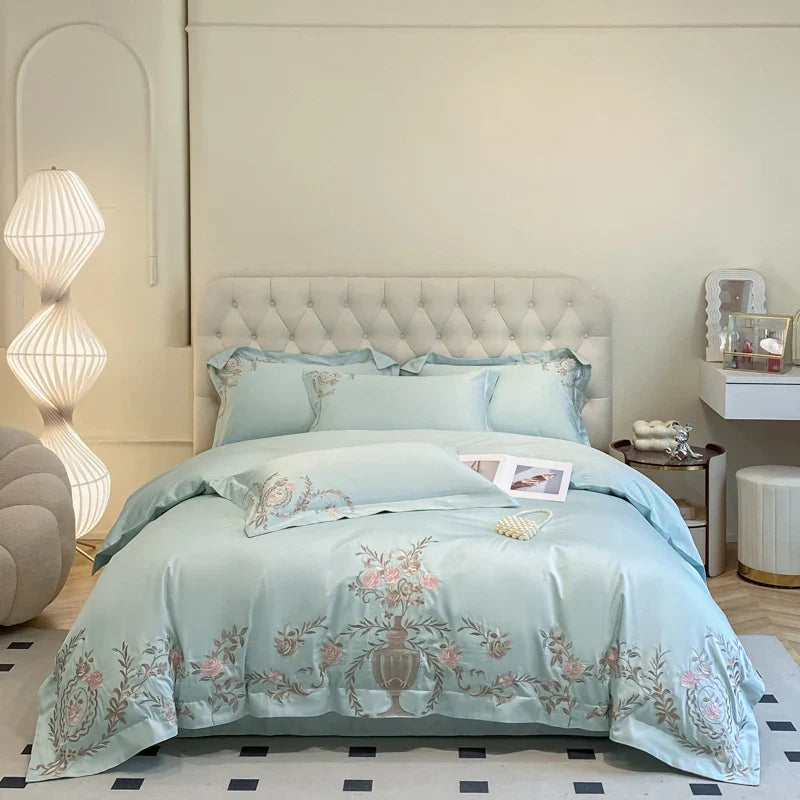 Afralia™ Luxury Gold Flowers Embroidery Cotton Bedding Set