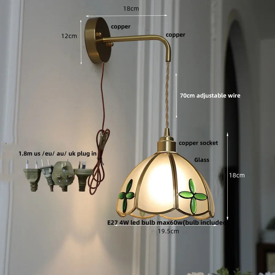 Afralia™ Tiffany Glass LED Wall Sconce Pull Chain Switch Bedroom Foyer Lamp