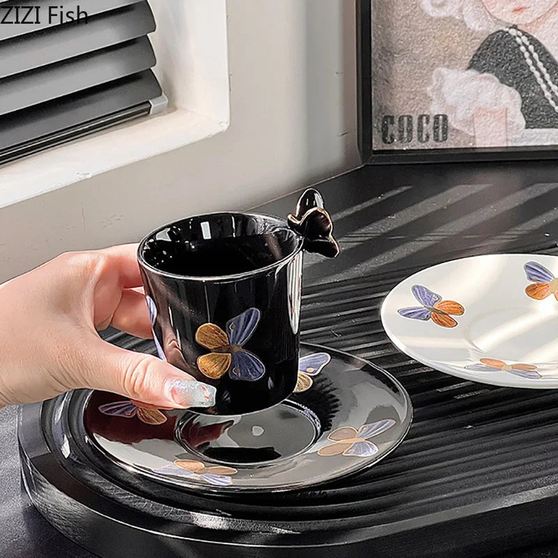 Afralia™ Butterfly Ceramic Tea Cup & Saucer Set for Elegant Dining Table Décor