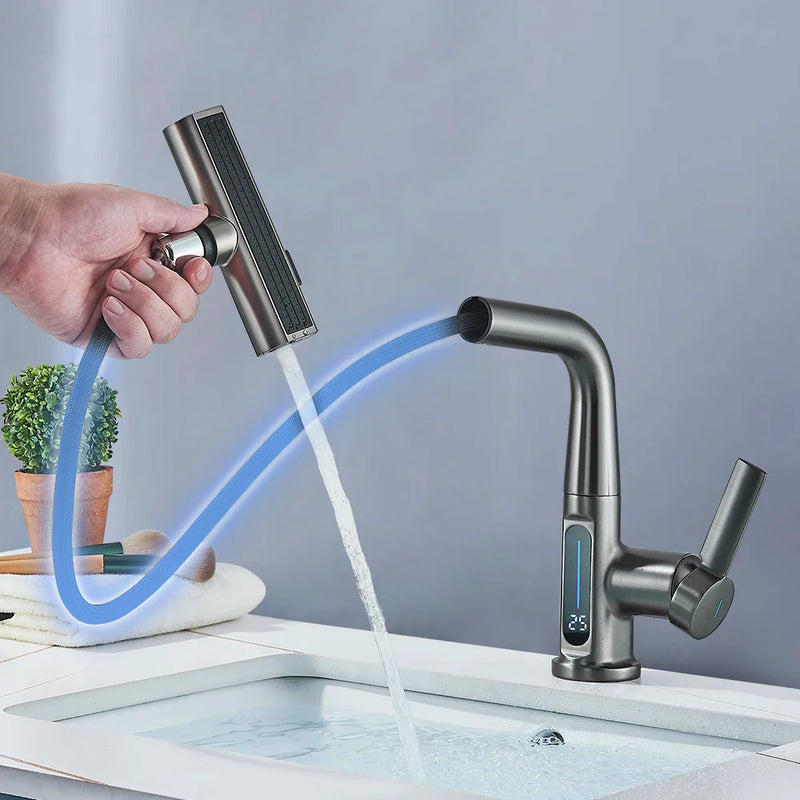 Afralia™ Waterfall Digital Display Basin Faucet with Lift Up Down Stream Sprayer