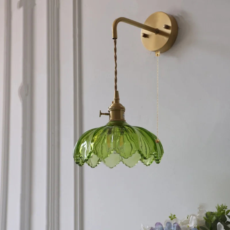 Afralia™ Green Glass LED Wall Lights Fixture with Pull Chain Switch