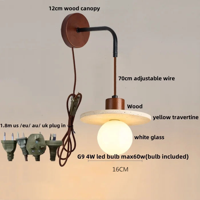 Afralia™ Wood Canopy LED Wall Sconce Yellow Travertine Stone Nordic Modern Light