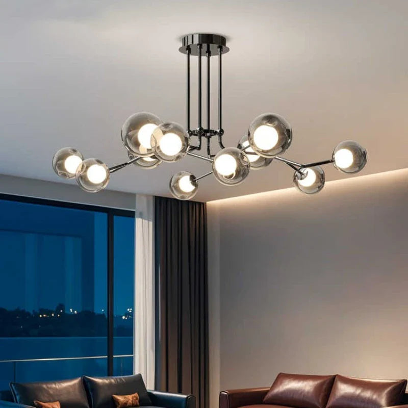 Afralia™ Glass Globe Black Led Pendant Chandelier - Nordic Style Dining Room Decor