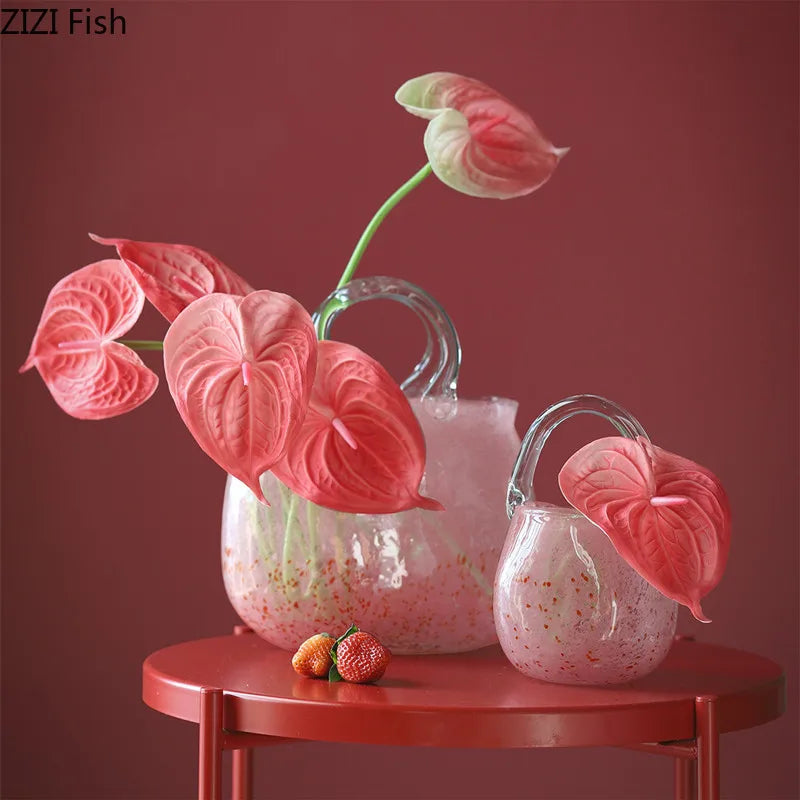 Afralia™ Pink Glass Flower Vase Terrarium Basket Home Decor Accessory