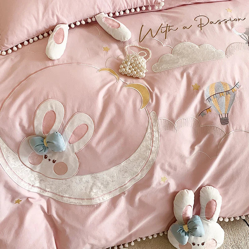 Afralia™ Cartoon Rabbit Moon Embroidery 100% Cotton Girls Bedding Set with Ball Edge