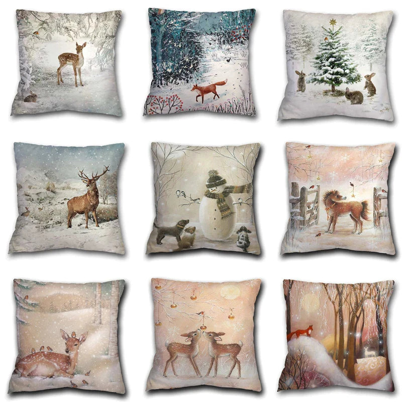 Afralia™ Snow Forest Deer Xmas Pillow Case | Home Sofa Decor Short Plush Cover