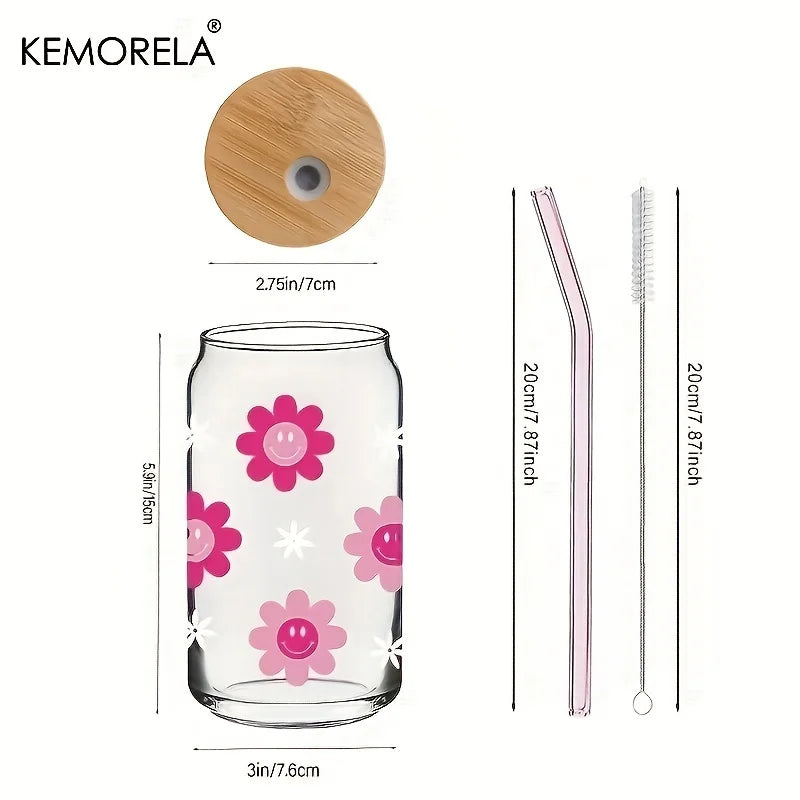 Afralia™ 470ML Pink Smiling Flower Theme Beverage Glass - Set of 1/2/4