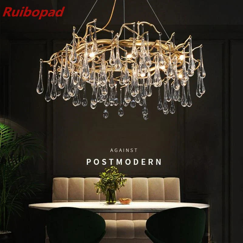 Afralia™ Elegant Gold Metal Branch Chandelier with Glass Water Drop Crystals