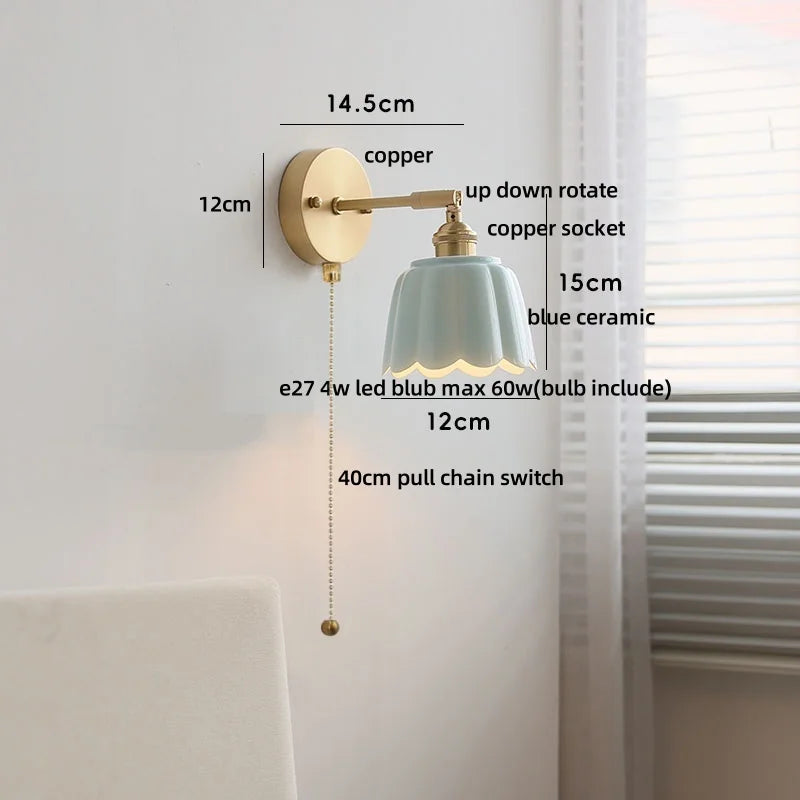 Afralia™ Ceramic Copper LED Wall Sconce Pull Chain Switch Reading Room Bedside Lamp
