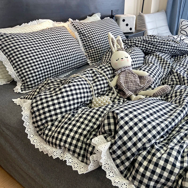 Afralia™ Vintage Lace Cotton Quilt Cover Set, Plaid Design, Black & White, 4Pcs