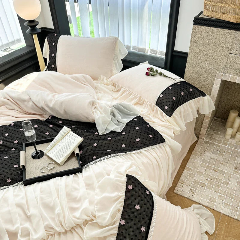 Afralia™ Princess Velvet Fleece Bedding Set with Romantic Ruffles, Queen/King, 4Pcs