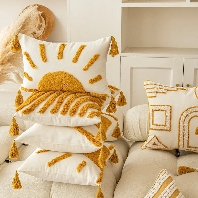 Afralia™ Golden Yellow Geometric Tufted Tassel Cushion Cover - Modern Boho Home Decor