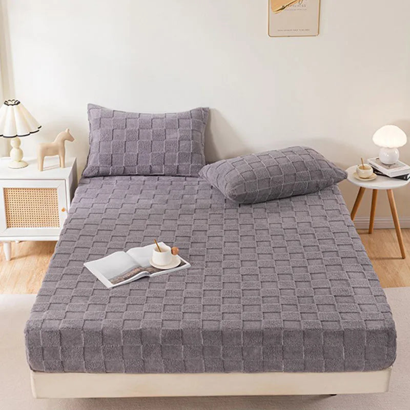 Afralia™ Tafu Velvet Fitted Sheet Coral Fleece Anti-Slip Bed Cover Grid Jacquard