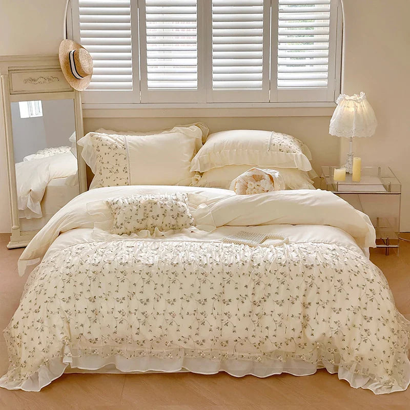Afralia™ French Princess Floral Lace Ruffles Bedding Set with Imitation Pearls