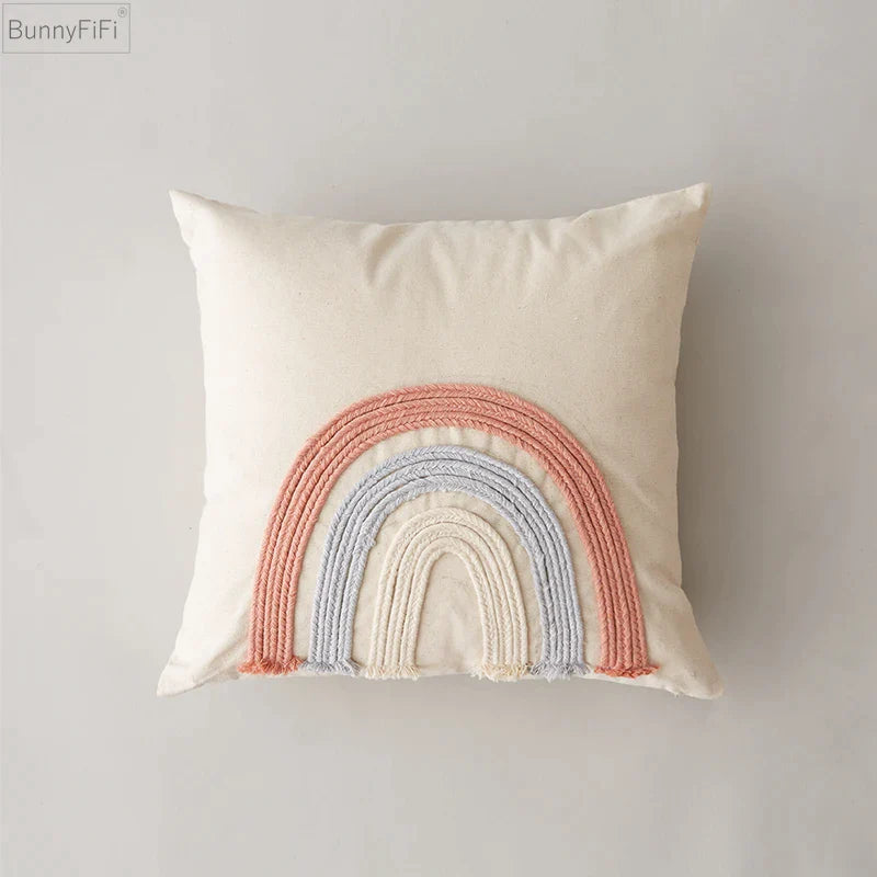 Afralia™ Rainbow Black Stripe Pillow Cover 45x45cm Embroidery Pink Living Room Bed