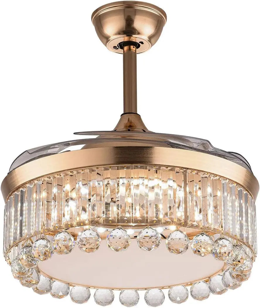 Afralia™ Gold Crystal Ceiling Fan Lights with Remote Control and Retractable Blade